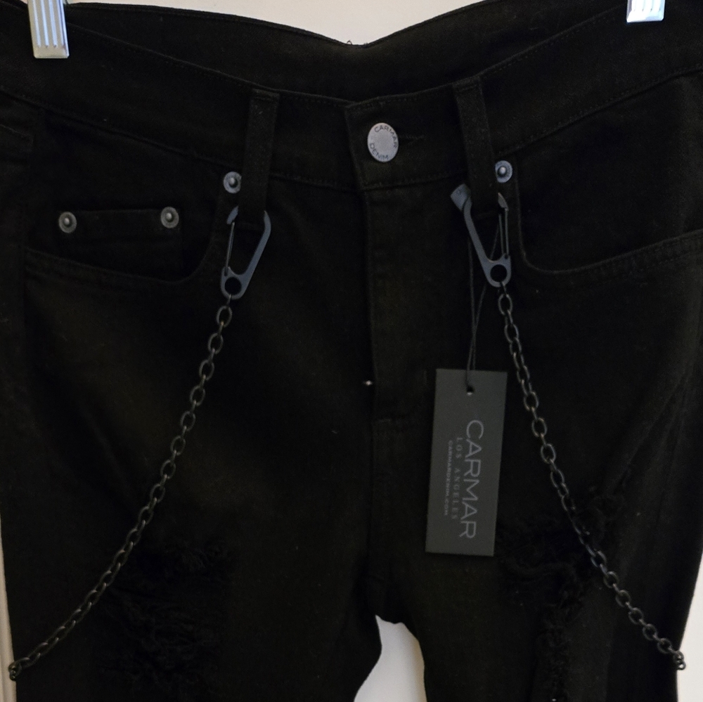 NEW CARMAR DENIM CO Black Distressed Jeans with Chain Detail